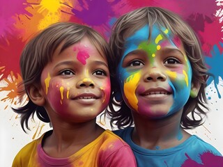 Celebration of Holi festival day colorful illustration of a child covered in paint ultra realistic 4K hd photo