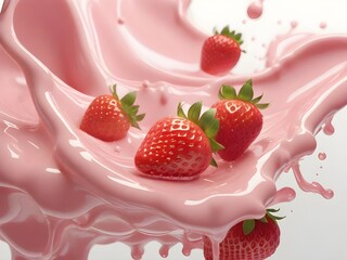 Closeup of pink milky splash and fresh red strawberries isolated on white background
