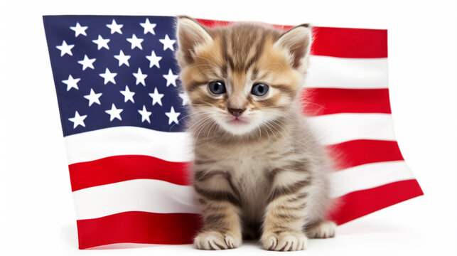 charming kitten shrouded American Flag on a white. generative ai