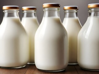 glass bottles of fresh milk zoom close up view