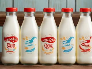 glass bottles of fresh milk zoom close up view