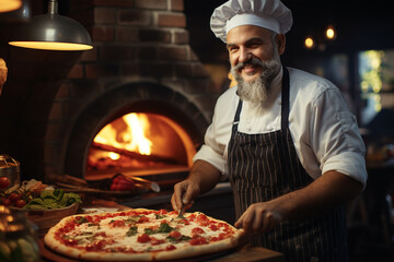 Italienischer Pizza Koch mit langem Bart vor dem Steinofen (Durch AI generiert)