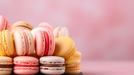 Macaroons Background with a place to copy, pastel colors. Delicious dessert. Cookies, pastries, flour products.