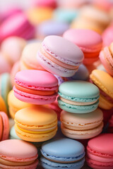 Fototapeta na wymiar Macaroons close-up, side view. pastel colors, multi colored dessert. Empty space for your text. Cookies, pastries, flour products.