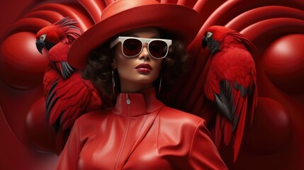 A woman wearing a red leather outfit and a red hat with two parrots on her head.