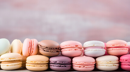 Macaroons Background with a place to copy, pastel colors. Delicious dessert. Cookies, pastries, flour products.