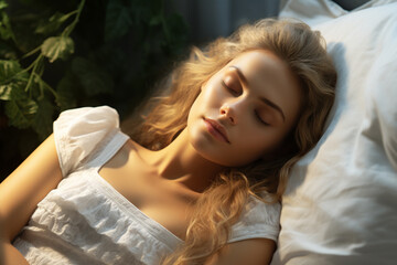 Schlafende hübsche junge brünette blonde Frau im Bett (Durch AI generiert)