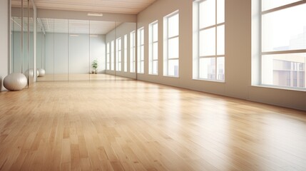 A large empty room with wooden floors and large windows. Dance studio mockup.