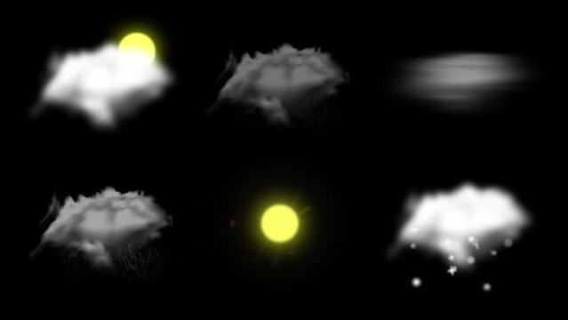 six weather icons. Partly cloudy, sunny, rain, storm, fog and snow. Weather forecast symbols with sun and clouds