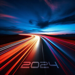driving on the road to success - 2024 year number on the highway, sunrise in the new year - obrazy, fototapety, plakaty