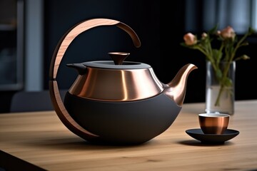 A tea pot sitting on top of a wooden table. - obrazy, fototapety, plakaty