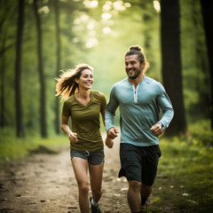 Mann und Frau zusammen am Joggen in der Natur (Durch AI generiert)