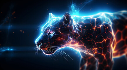 A blue lava glowing neon panther shaped by digital lasers. - obrazy, fototapety, plakaty