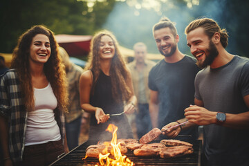 Freundesgruppe beim Grillen auf einer Feier (Durch AI generiert)