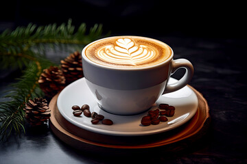 Christmas coffee cup with latte art. Cozy atmosphere. Christmas and New Year holiday cappuccino coffee.