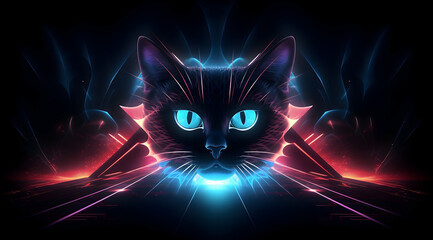 Abstract wallpaper with a cat's face emerging from a glowing prism.