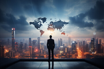 Business Mann im Anzug vor einer Skyline un Weltkarte (Durch AI generiert)