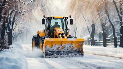 snow removal equipment, a yellow tractor with a bucket cleans snow from the road. cleaning snowdrifts from the street in winter. special equipment.