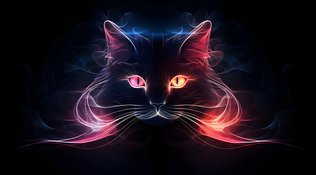 Abstract wallpaper with a cat's face emerging from a glowing prism.