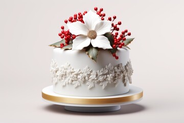 A white cake with red berries on top.