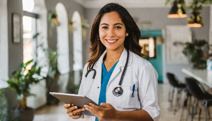 Doctor de mediana edad con estetoscopio colgado en el cuello sosteniendo una tablet en sus manos en un hospital