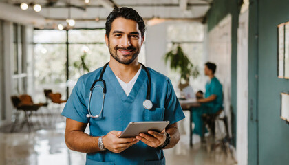 Doctor de mediana edad con estetoscopio colgado en el cuello sosteniendo una tablet en sus manos en un hospital - obrazy, fototapety, plakaty