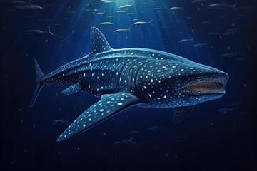 A painting of a whale swimming in the ocean. Celestial fantasy beast deep in ocean.