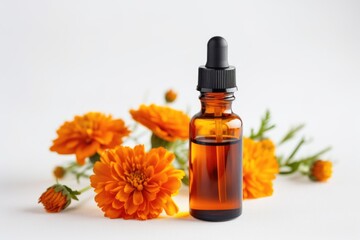 A bottle of essential oil next to a bunch of marigold flowers. Glass bottle on white background.