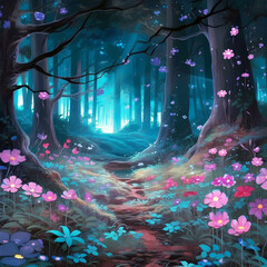 Fototapeta premium a magical forest with purple flowers, Generative AI