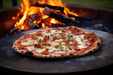 Baked margherita pizza in traditional wood oven with tomato