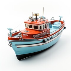 A red and blue boat on a white surface. Realistic clipart on white background