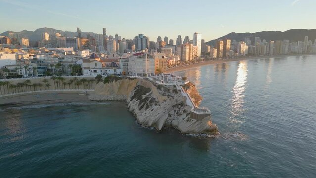 Aerial drone view of the old town centre in Benidorm in the Costa Blanca, Spain