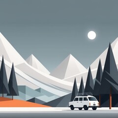 winter car in mountains, vector cartoon illustration winter car in mountains, vector cartoon il - obrazy, fototapety, plakaty