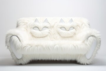 A white furry couch with two cats on it.