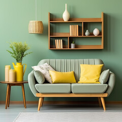Cute mint loveseat sofa with yellow pillow against green wall with bookcase. Scandinavian, mid-century home interior design of modern living room, Generative AI