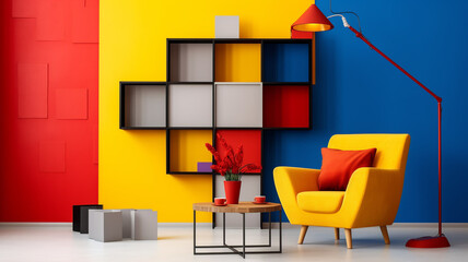 Yellow red lounge chair against multicolored decorative squares. Color block, suprematism style home interior design of modern living room, Generative AI