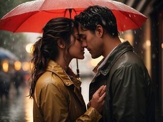 A couple sharing a passionate kiss in the rain, showcasing their deep emotional connection, authenticity, and romantic love..