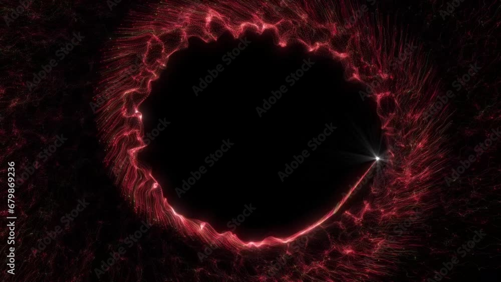 Poster red color glitter magic particle moving on black background. shiny magic particle trail moving on da