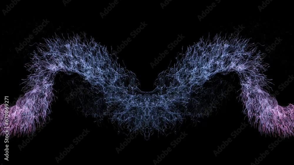 Poster shiny magic particle trail moving on dark black bg, magic particle moving on black background. glitt