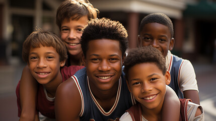 Group of African American and Latino teenager friends basketball players. Boys spending time together. Sports teammates. Team of basketball players smiling at the camera. Concept of friendship, camar - obrazy, fototapety, plakaty