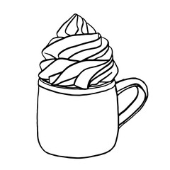 Hot drink chocolate cup with whipped cream. Hand drawn style doodle drawing black and white. Vector line art illustration coffee mug cute design. Winter season warm cocoa bar menu