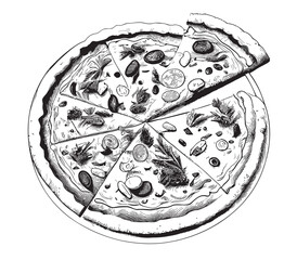 Pizza sketch hand drawn in doodle style illustration