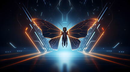 A radiant butterfly with wings that light up, set against a glowing neon blue cosmic backdrop.