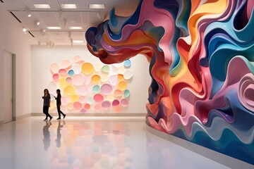 Two people engage in discussion as they walk by a stunning, abstract color wave installation and a...