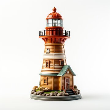 A small wooden lighthouse with a clock on top of it. Realistic clipart on white background