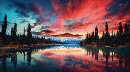 Capture the stunning synergy between earth and sky, as nature's tapestry unfolds in vibrant hues. A photograph that encapsulates the raw beauty of the untamed wilderness. - obrazy, fototapety, plakaty