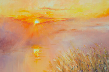 Sunset on the foggy  river, peaceful rural landscape. River Landscape In Misty Foggy Morning.Oil painting