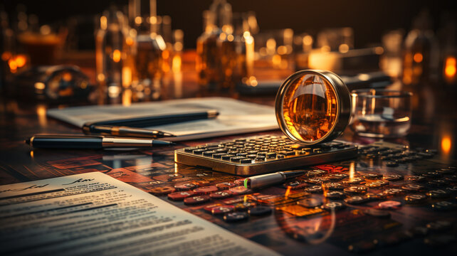 coins, calculator and magnifying glass on an old table.