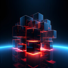 Cluster of three-dimensional cubes stacked upon each other in an abstract, architectural form, cubes glow with neon blue and red light. Sense of advanced blockchain technology