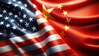Fotobehang A vivid depiction of the US and Chinese flags intertwined, symbolizing international relations. © Brian